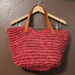 J. Jill Handwoven Red Straw Tote Bag with Leather Handles